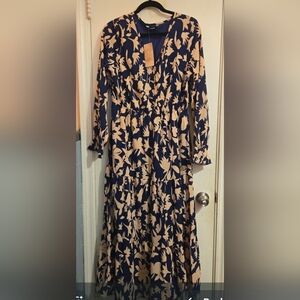 Womens Navy Floral Tiered Long Sleeve Dress with Beige Print Size Large
